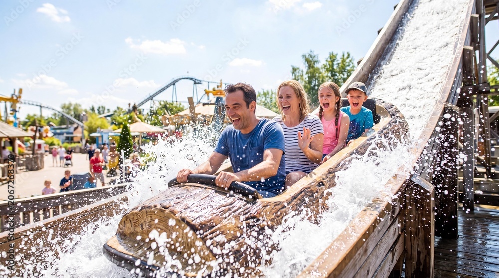Excited family laughing on a log flume water ride at an amusement park.
