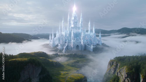 Aerial view of a glowing fantasy crystal castle set in a misty valley