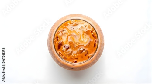 Isolated top view of creamy Thai iced tea in glass with ice cubes showcasing orange beverage texture and refreshing mood