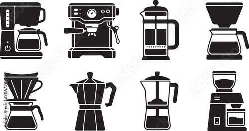 Photos Eight stylish black and white coffee makers and brewing tools set Vector