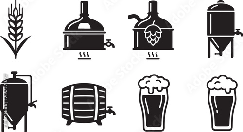 Canvas Print Black and white beer brewing process icons set Vector