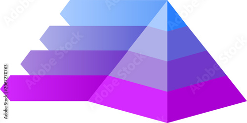 Vector graphic hierarchical statistical illustration depicting pyramid of blue and purple stacked, Infographic four step suggesting concept educational diagram