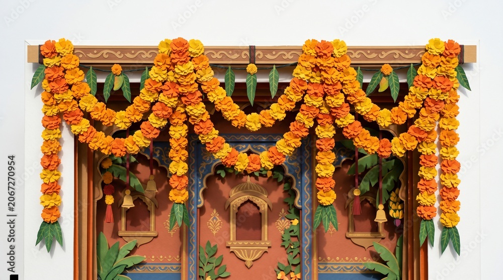 Fototapeta premium 3D Paper Cut Indian Festive Door Decoration with Marigold Garlands