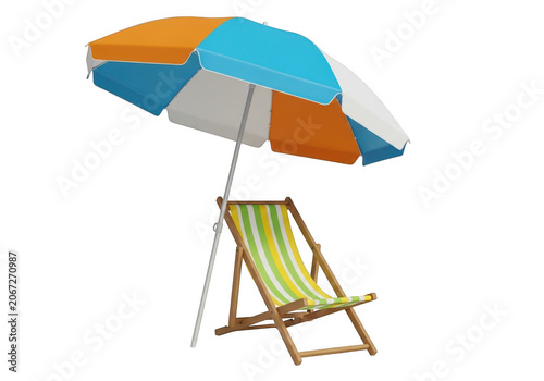 Colorful beach umbrella and striped deck chair