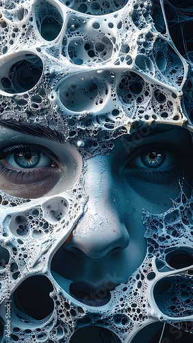 A woman's face obscured by soap bubbles
