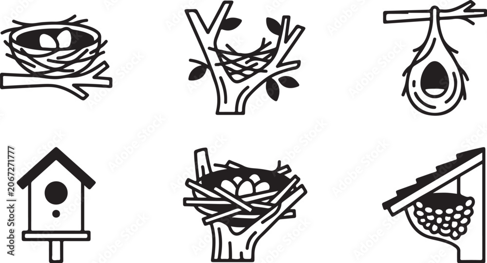 Fototapeta premium Six different birdhouse designs and nest illustrations Vector