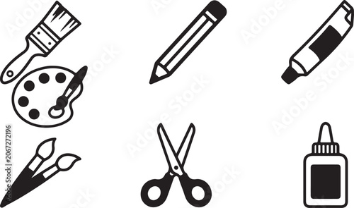Set of six black and white art and office supplies icons Vector
