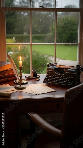 Vintage Writing Desk by Candlelight with Typewriter and Quill Pen.