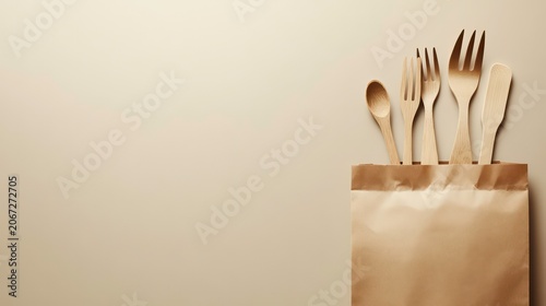 A clean, neutral-colored background with a single food delivery bag and utensils.