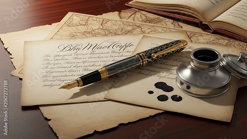 Vintage Writing Set with Fountain Pen and Inkwell on Old Documents.