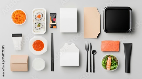 A clean flat lay of a food delivery order with minimal packaging.