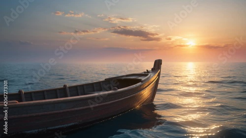 Empty wooden rowing boat floating on calm ocean water during sunset. Seamless looping 4k video background