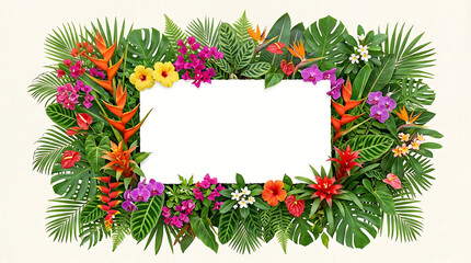 Vibrant tropical floral border featuring a mix of exotic flowers and lush green leaves creating a lively frame for various