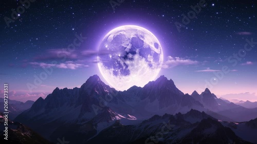 Full Moon Rising Above Snowy Mountain Peaks at Night with Starry Sky