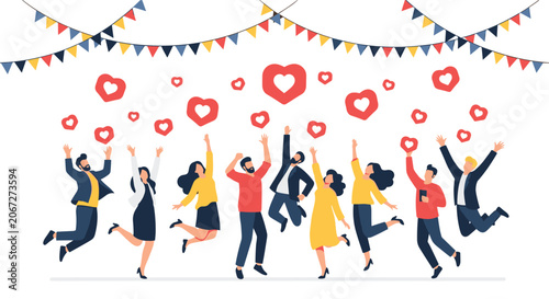 Excited group of diverse people jumping and celebrating under floating red heart symbols and colorful party decorations.
