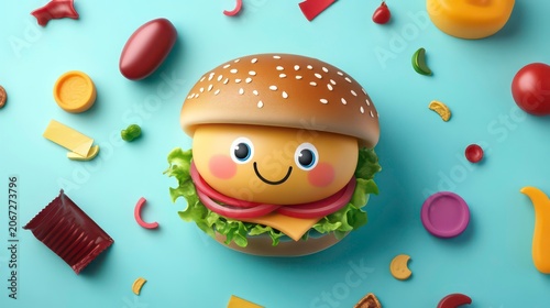 A cartoon burger with smiling eyes, surrounded by colorful condiments.