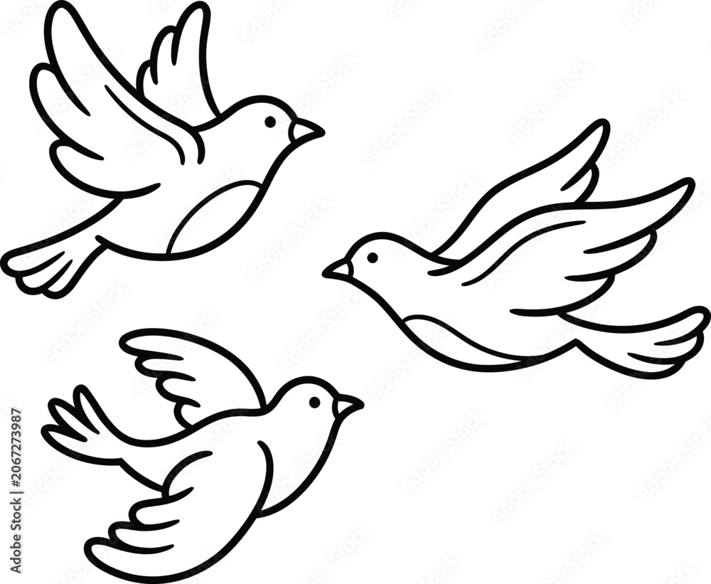 Fototapeta premium Three flying birds minimal line art design with coloring illustration monochrome