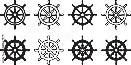Foto Black and white ship steering wheel vector icons set Vector