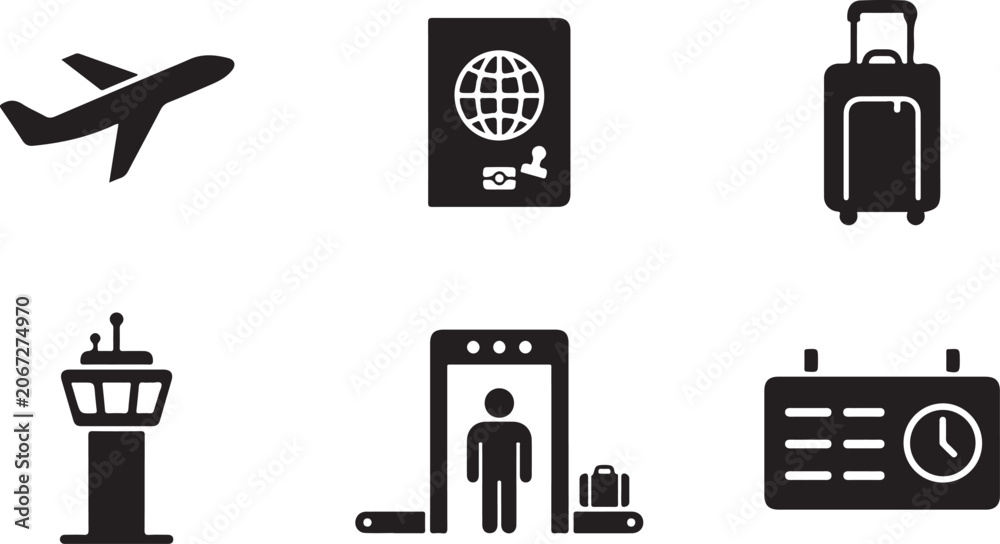 Fototapeta premium Six black travel airport icons set Vector