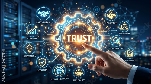 Digital concept visualization emphasizing trust management in interconnected business environments