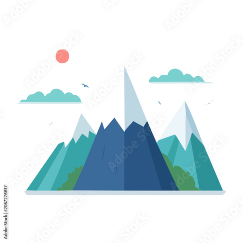Flat design mountain landscape with sun and clouds