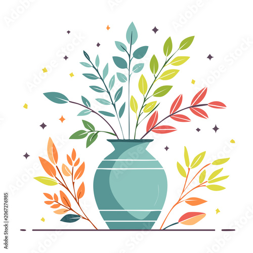 Flat Design Vase with Colorful Leaves