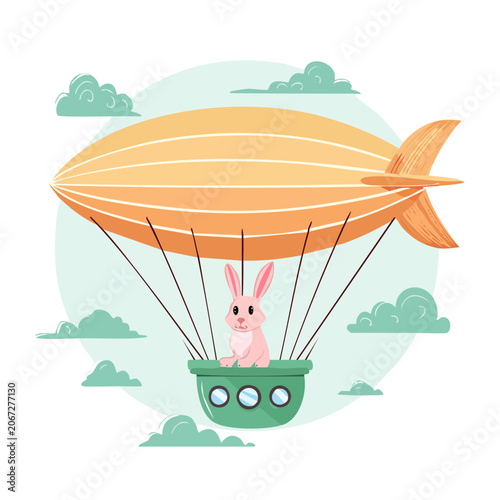 Pink Rabbit in Hot Air Balloon Cartoon Illustration