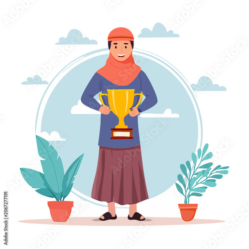 Woman holding trophy in flat vector illustration