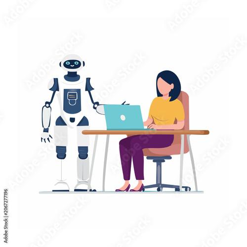 Woman and robot working together at a desk
