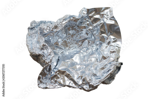 A crumpled ball of shiny silver aluminum foil with complex textures and reflective metallic surfaces isolated on a deep black background, studio shot