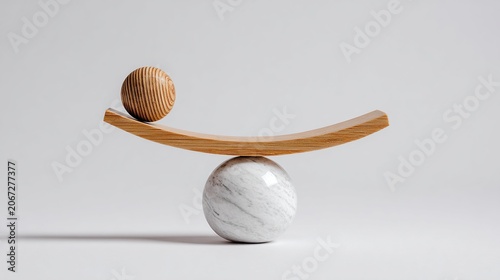 Wooden ball balanced on a wooden plank atop a marble sphere, representing balance and harmony on a neutral