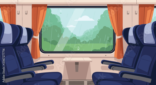 Empty passenger train compartment with blue seats and large window showing rainy landscape of trees and hills.