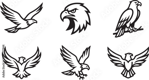 Foto Black and white eagle and bird of prey vector icons set Vector