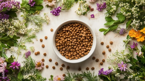A bowl of dog food surrounded by flowers and greenery for a natural look.