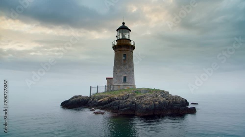 Historic stone lighthouse standing on a rocky island in the ocean. Seamless looping 4k video background