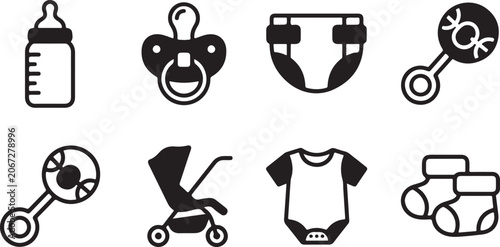 Quadro su tela Flat black and white baby care and toys icons set Vector