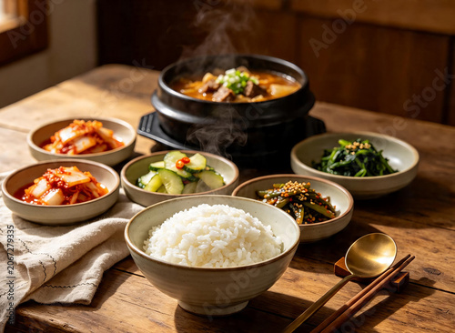 돌솥 찌개와 밥이 있는 한식 백반 / Korean Baekban with Stone Bowl Stew and Rice
