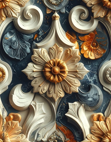 Ornate floral pattern with gold, white, and blue elements