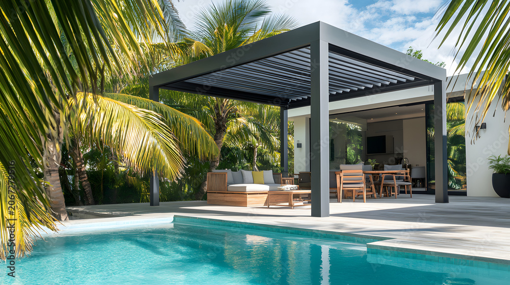 Fototapeta premium Luxury outdoor swimming pool with modern pergola and tropical garden setting
