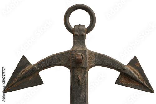 A close-up view of the section of a vintage, rusted metal ship anchor, showing the circular ring and the pointed flukes on both sides