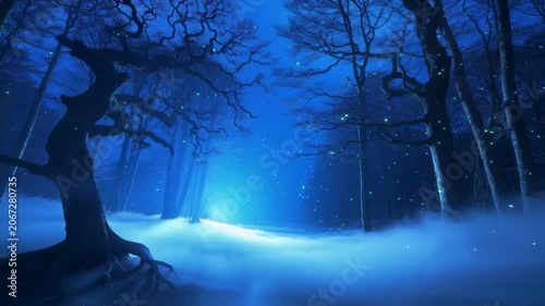Magical forest with glowing fireflies in blue night fog at mysterious woods