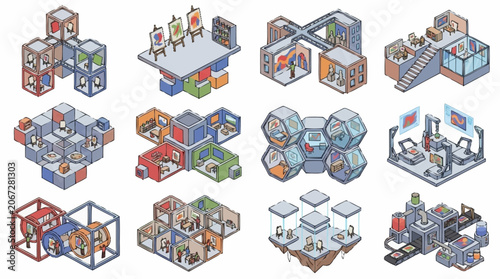 Isometric pixel art illustrations of various office spaces and creative environments.