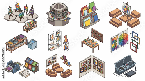 Collection of Isometric Art Studio and Gallery Elements for Creative Projects.