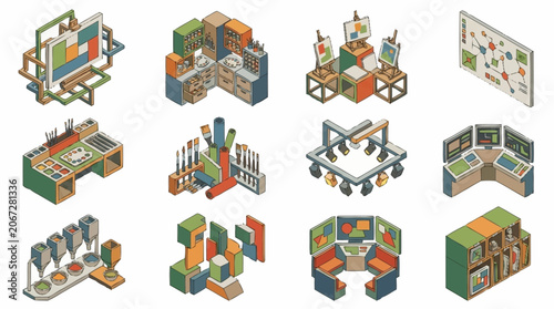 Collection of isometric illustrations representing various workstations and control rooms.