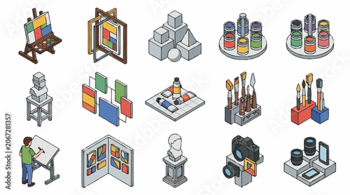 Collection of isometric art supplies and creative tools for drawing and painting.