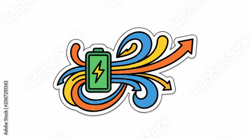 A colorful cartoon battery with swirling lines and arrows