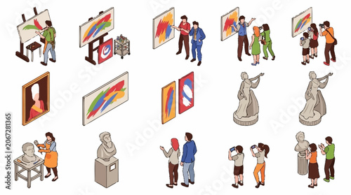 Isometric illustration of people visiting an art gallery and creating artwork.