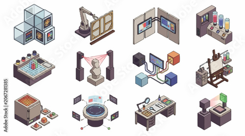 Isometric illustrations depicting various scientific and industrial equipment and processes.