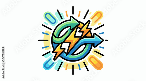 Colorful recycling symbol with lightning and arrow on white
