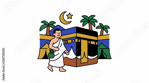 A pilgrim walks towards a sacred cube-shaped building